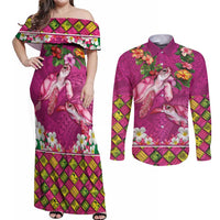 Hawaiian Lei Turtle and Plumeria Couples Matching Off Shoulder Maxi Dress and Long Sleeve Button Shirt Polynerian Art Tattoo-Plum Pink Color LT03 Pink - Polynesian Pride