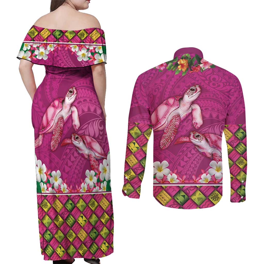 Hawaiian Lei Turtle and Plumeria Couples Matching Off Shoulder Maxi Dress and Long Sleeve Button Shirt Polynerian Art Tattoo-Plum Pink Color LT03 - Polynesian Pride