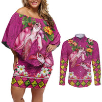 Hawaiian Lei Turtle and Plumeria Couples Matching Off Shoulder Short Dress and Long Sleeve Button Shirt Polynerian Art Tattoo-Plum Pink Color LT03 Pink - Polynesian Pride