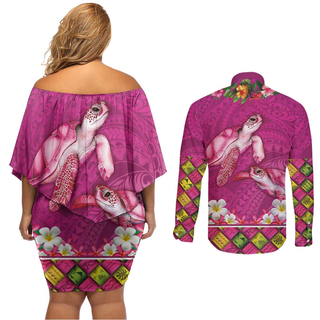 Hawaiian Lei Turtle and Plumeria Couples Matching Off Shoulder Short Dress and Long Sleeve Button Shirt Polynerian Art Tattoo-Plum Pink Color LT03 - Polynesian Pride