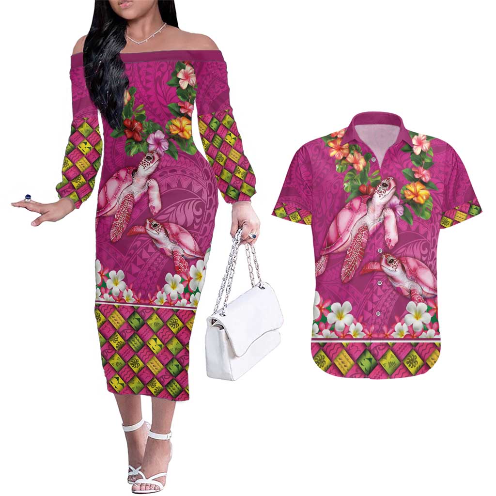 Hawaiian Lei Turtle and Plumeria Couples Matching Off The Shoulder Long Sleeve Dress and Hawaiian Shirt Polynerian Art Tattoo-Plum Pink Color LT03 Pink - Polynesian Pride