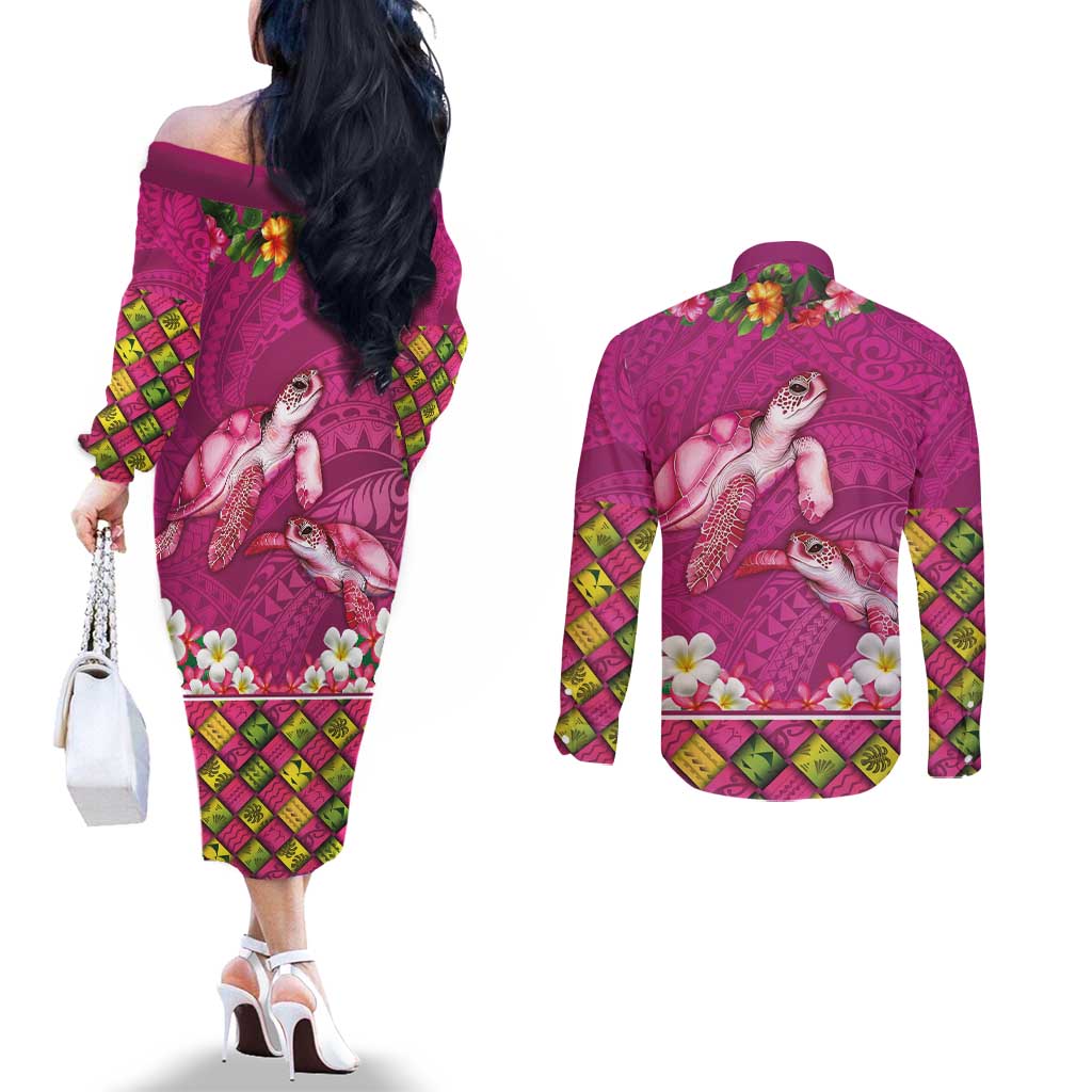 Hawaiian Lei Turtle and Plumeria Couples Matching Off The Shoulder Long Sleeve Dress and Long Sleeve Button Shirt Polynerian Art Tattoo-Plum Pink Color LT03 - Polynesian Pride
