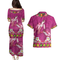 Hawaiian Lei Turtle and Plumeria Couples Matching Puletasi and Hawaiian Shirt Polynerian Art Tattoo-Plum Pink Color LT03 - Polynesian Pride
