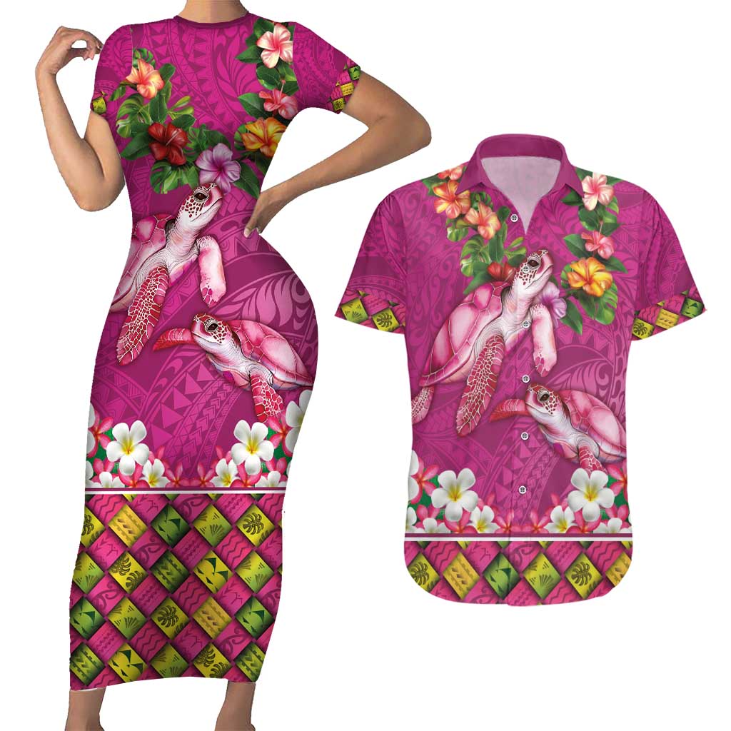 Hawaiian Lei Turtle and Plumeria Couples Matching Short Sleeve Bodycon Dress and Hawaiian Shirt Polynerian Art Tattoo-Plum Pink Color LT03 Pink - Polynesian Pride