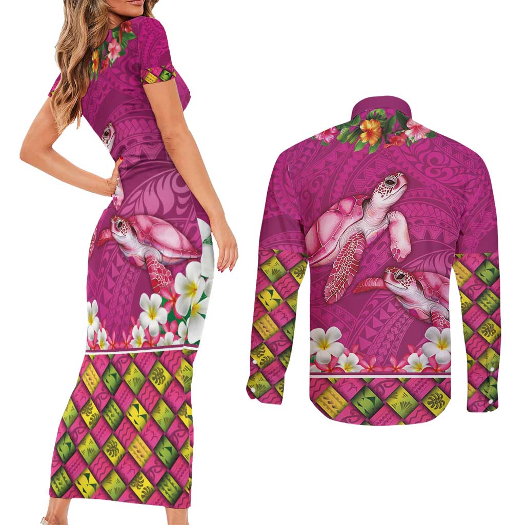 Hawaiian Lei Turtle and Plumeria Couples Matching Short Sleeve Bodycon Dress and Long Sleeve Button Shirt Polynerian Art Tattoo-Plum Pink Color LT03 - Polynesian Pride