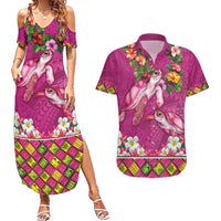 Hawaiian Lei Turtle and Plumeria Couples Matching Summer Maxi Dress and Hawaiian Shirt Polynerian Art Tattoo-Plum Pink Color LT03 Pink - Polynesian Pride