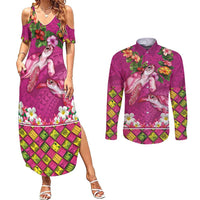 Hawaiian Lei Turtle and Plumeria Couples Matching Summer Maxi Dress and Long Sleeve Button Shirt Polynerian Art Tattoo-Plum Pink Color LT03 Pink - Polynesian Pride