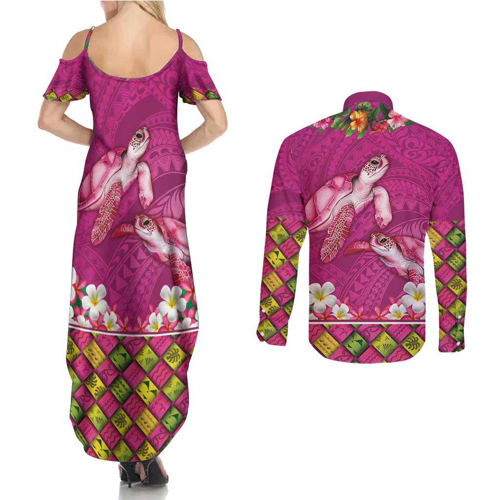 Hawaiian Lei Turtle and Plumeria Couples Matching Summer Maxi Dress and Long Sleeve Button Shirt Polynerian Art Tattoo-Plum Pink Color LT03 - Polynesian Pride