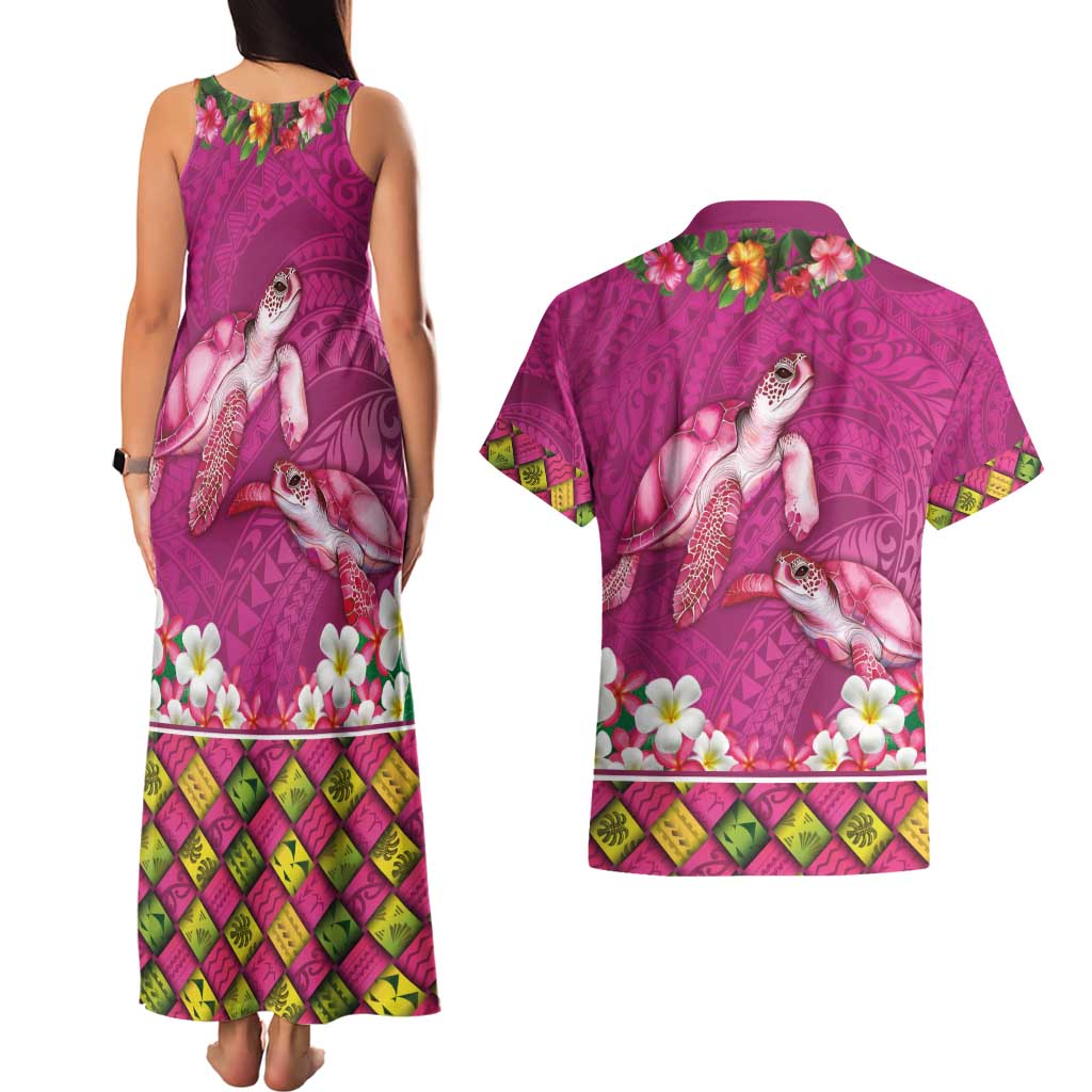 Hawaiian Lei Turtle and Plumeria Couples Matching Tank Maxi Dress and Hawaiian Shirt Polynerian Art Tattoo-Plum Pink Color LT03 - Polynesian Pride