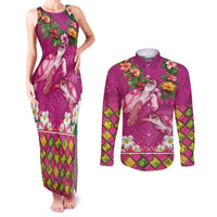 Hawaiian Lei Turtle and Plumeria Couples Matching Tank Maxi Dress and Long Sleeve Button Shirt Polynerian Art Tattoo-Plum Pink Color LT03 Pink - Polynesian Pride