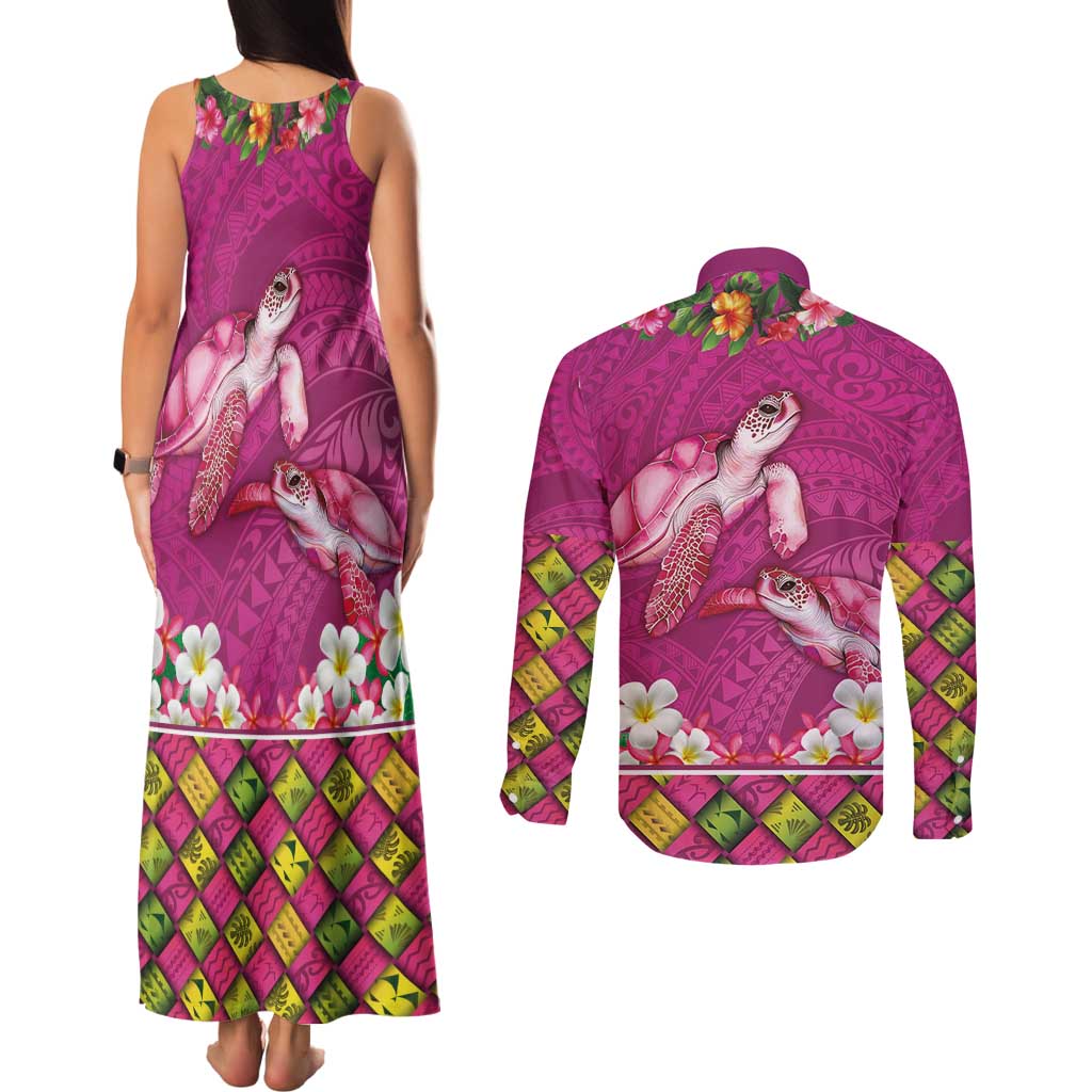 Hawaiian Lei Turtle and Plumeria Couples Matching Tank Maxi Dress and Long Sleeve Button Shirt Polynerian Art Tattoo-Plum Pink Color LT03 - Polynesian Pride