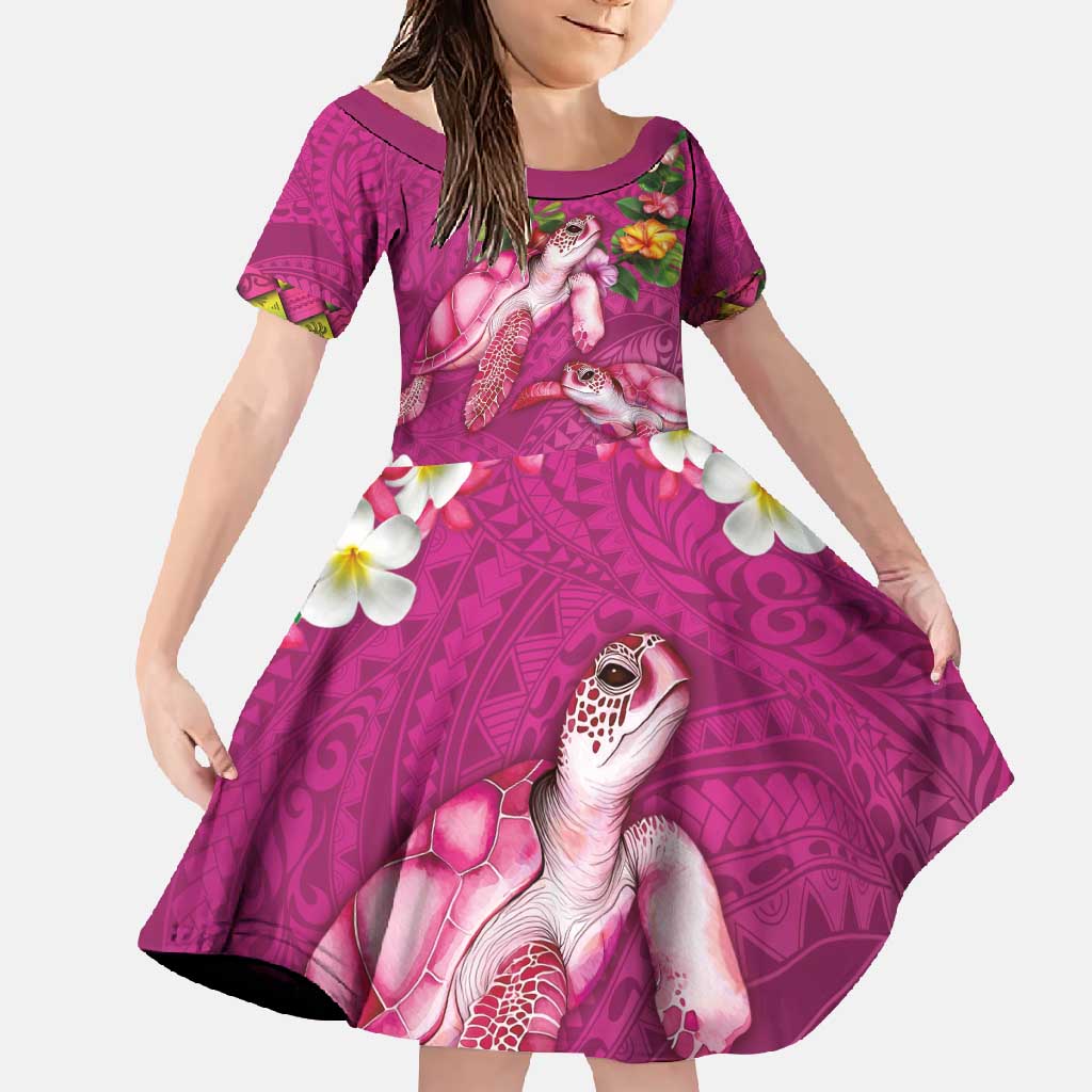 Hawaiian Lei Turtle and Plumeria Family Matching Long Sleeve Bodycon Dress and Hawaiian Shirt Polynerian Art Tattoo-Plum Pink Color LT03 Daughter's Dress Pink - Polynesian Pride