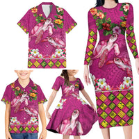 Hawaiian Lei Turtle and Plumeria Family Matching Long Sleeve Bodycon Dress and Hawaiian Shirt Polynerian Art Tattoo-Plum Pink Color LT03 - Polynesian Pride