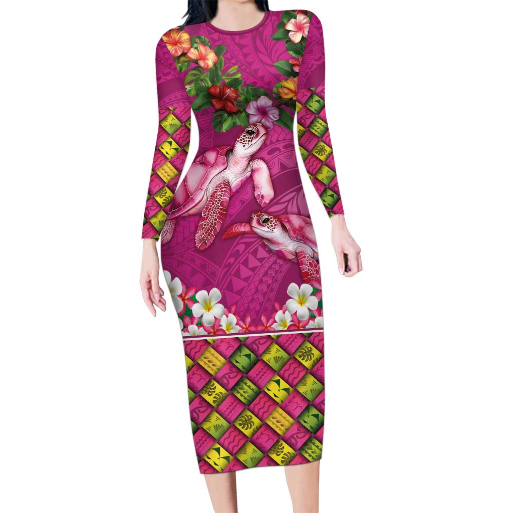 Hawaiian Lei Turtle and Plumeria Family Matching Long Sleeve Bodycon Dress and Hawaiian Shirt Polynerian Art Tattoo-Plum Pink Color LT03 Mom's Dress Pink - Polynesian Pride