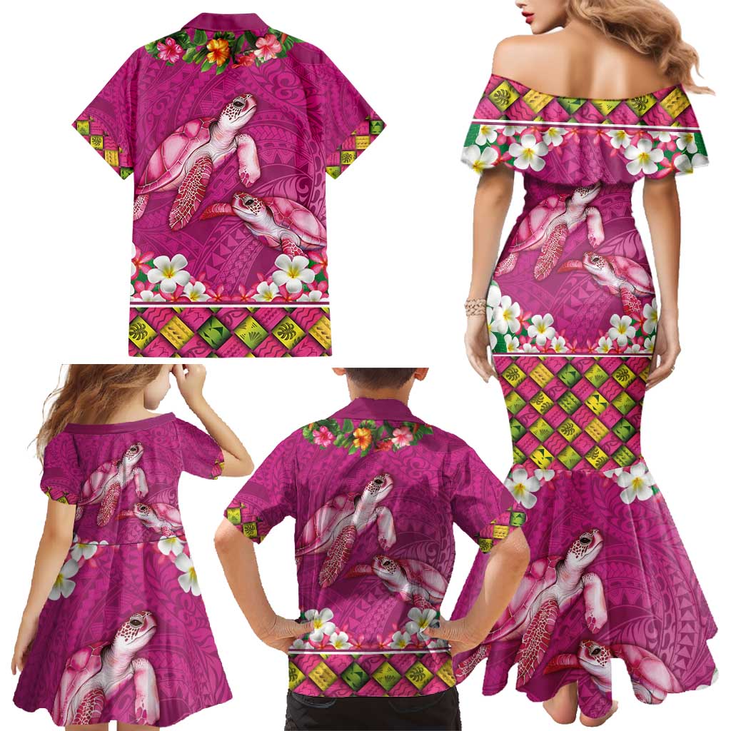 Hawaiian Lei Turtle and Plumeria Family Matching Mermaid Dress and Hawaiian Shirt Polynerian Art Tattoo-Plum Pink Color LT03 - Polynesian Pride