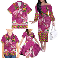 Hawaiian Lei Turtle and Plumeria Family Matching Off The Shoulder Long Sleeve Dress and Hawaiian Shirt Polynerian Art Tattoo-Plum Pink Color LT03 - Polynesian Pride