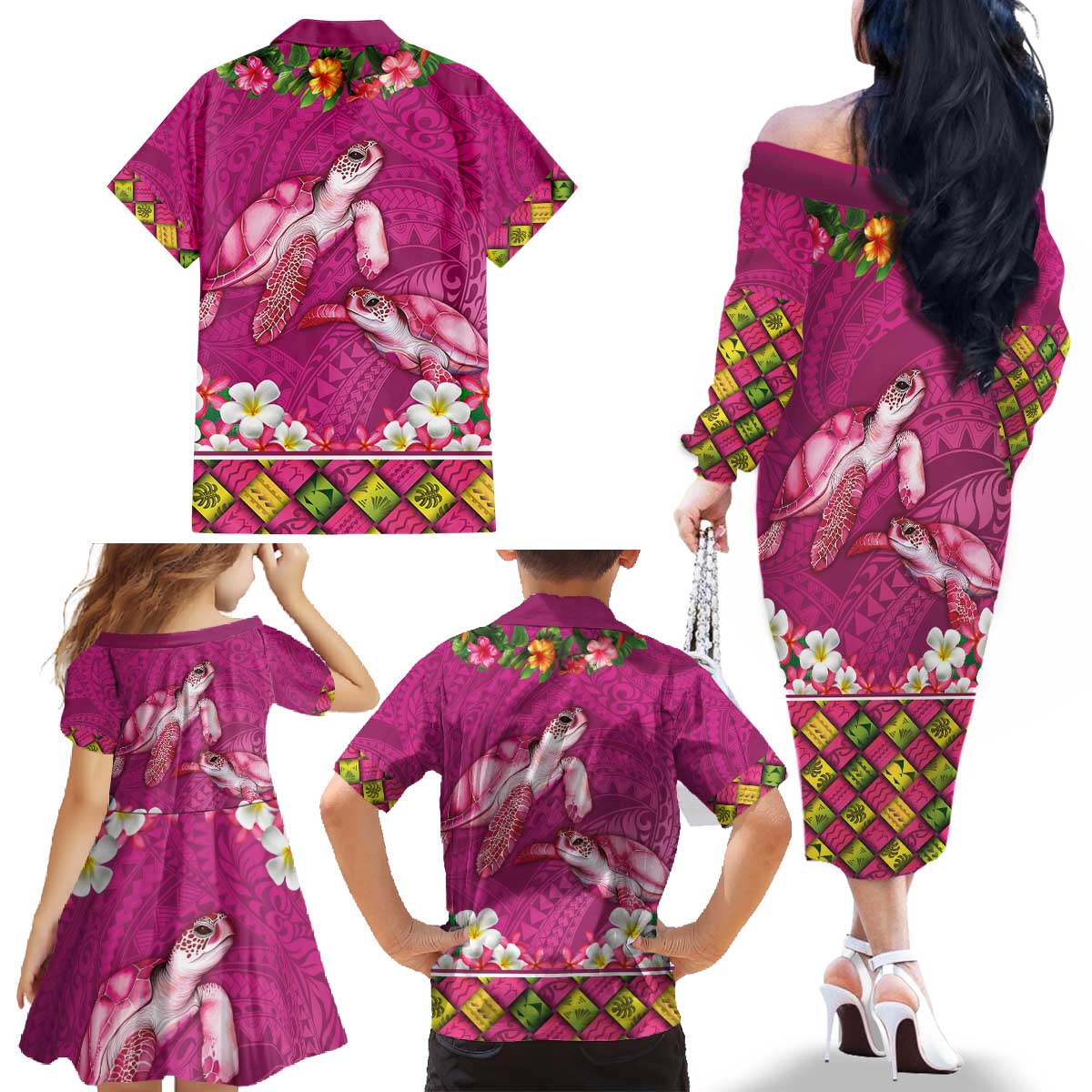 Hawaiian Lei Turtle and Plumeria Family Matching Off The Shoulder Long Sleeve Dress and Hawaiian Shirt Polynerian Art Tattoo-Plum Pink Color LT03 - Polynesian Pride