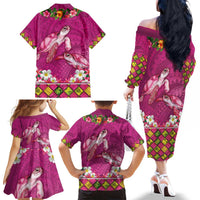 Hawaiian Lei Turtle and Plumeria Family Matching Off The Shoulder Long Sleeve Dress and Hawaiian Shirt Polynerian Art Tattoo-Plum Pink Color LT03 - Polynesian Pride