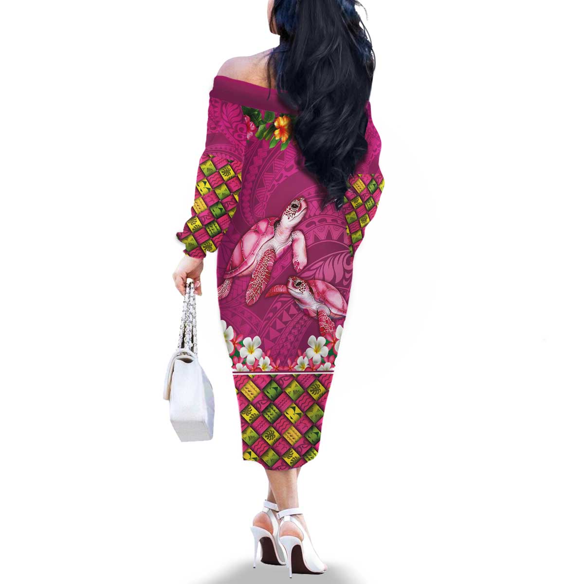 Hawaiian Lei Turtle and Plumeria Family Matching Off The Shoulder Long Sleeve Dress and Hawaiian Shirt Polynerian Art Tattoo-Plum Pink Color LT03 - Polynesian Pride