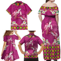 Hawaiian Lei Turtle and Plumeria Family Matching Off Shoulder Maxi Dress and Hawaiian Shirt Polynerian Art Tattoo-Plum Pink Color LT03 - Polynesian Pride