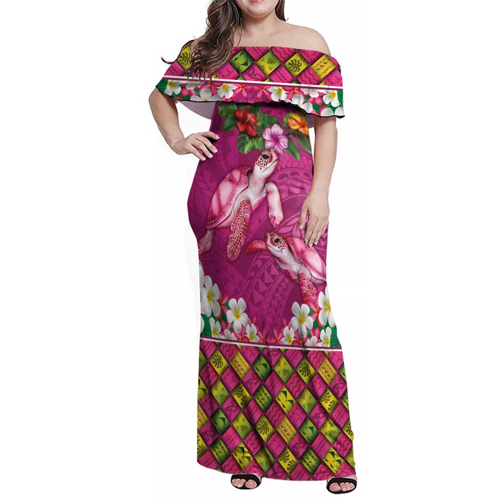 Hawaiian Lei Turtle and Plumeria Family Matching Off Shoulder Maxi Dress and Hawaiian Shirt Polynerian Art Tattoo-Plum Pink Color LT03 Mom's Dress Pink - Polynesian Pride