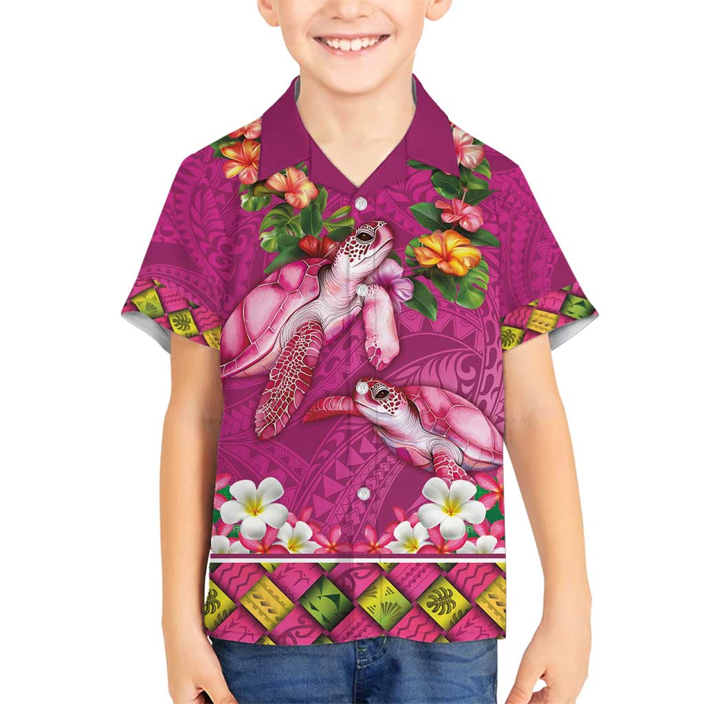 Hawaiian Lei Turtle and Plumeria Family Matching Off Shoulder Maxi Dress and Hawaiian Shirt Polynerian Art Tattoo-Plum Pink Color LT03 Son's Shirt Pink - Polynesian Pride