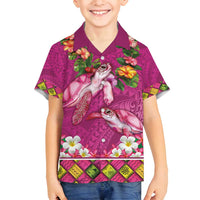Hawaiian Lei Turtle and Plumeria Family Matching Off Shoulder Maxi Dress and Hawaiian Shirt Polynerian Art Tattoo-Plum Pink Color LT03 Son's Shirt Pink - Polynesian Pride