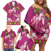 Hawaiian Lei Turtle and Plumeria Family Matching Off Shoulder Short Dress and Hawaiian Shirt Polynerian Art Tattoo-Plum Pink Color LT03 - Polynesian Pride