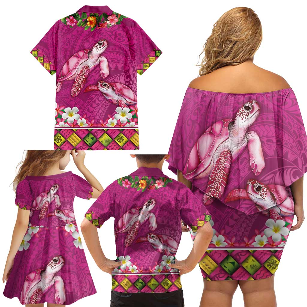 Hawaiian Lei Turtle and Plumeria Family Matching Off Shoulder Short Dress and Hawaiian Shirt Polynerian Art Tattoo-Plum Pink Color LT03 - Polynesian Pride