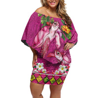 Hawaiian Lei Turtle and Plumeria Family Matching Off Shoulder Short Dress and Hawaiian Shirt Polynerian Art Tattoo-Plum Pink Color LT03 Mom's Dress Pink - Polynesian Pride