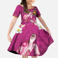 Hawaiian Lei Turtle and Plumeria Family Matching Puletasi and Hawaiian Shirt Polynerian Art Tattoo-Plum Pink Color LT03 Daughter's Dress Pink - Polynesian Pride