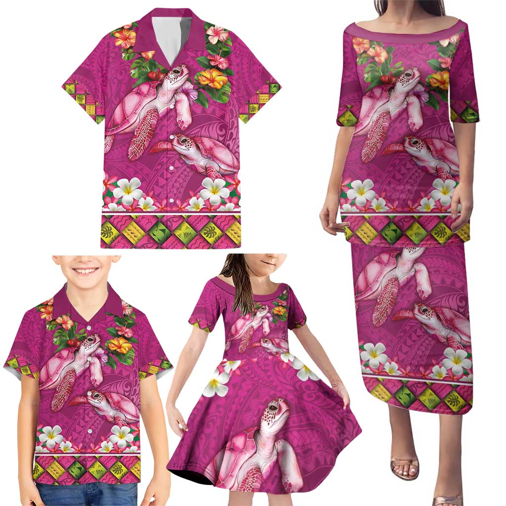 Hawaiian Lei Turtle and Plumeria Family Matching Puletasi and Hawaiian Shirt Polynerian Art Tattoo-Plum Pink Color LT03 - Polynesian Pride