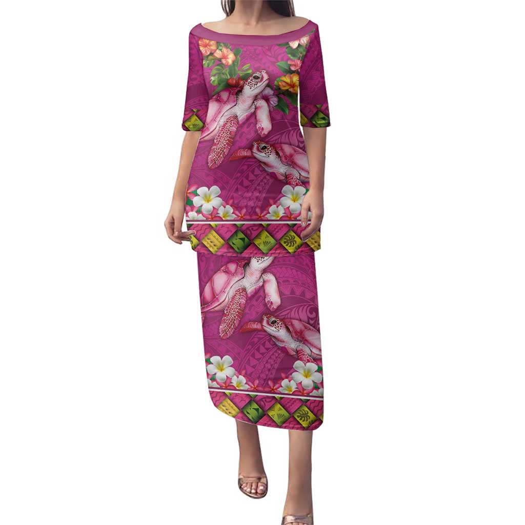 Hawaiian Lei Turtle and Plumeria Family Matching Puletasi and Hawaiian Shirt Polynerian Art Tattoo-Plum Pink Color LT03 Mom's Dress Pink - Polynesian Pride