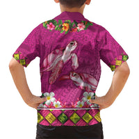 Hawaiian Lei Turtle and Plumeria Family Matching Short Sleeve Bodycon Dress and Hawaiian Shirt Polynerian Art Tattoo-Plum Pink Color LT03 - Polynesian Pride