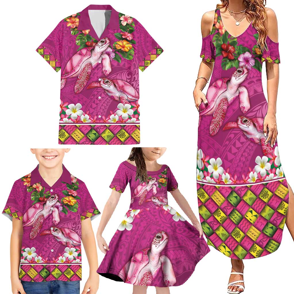 Hawaiian Lei Turtle and Plumeria Family Matching Summer Maxi Dress and Hawaiian Shirt Polynerian Art Tattoo-Plum Pink Color LT03 - Polynesian Pride
