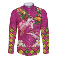 Hawaiian Lei Turtle and Plumeria Family Matching Summer Maxi Dress and Hawaiian Shirt Polynerian Art Tattoo-Plum Pink Color LT03 Dad's Shirt - Long Sleeve Pink - Polynesian Pride
