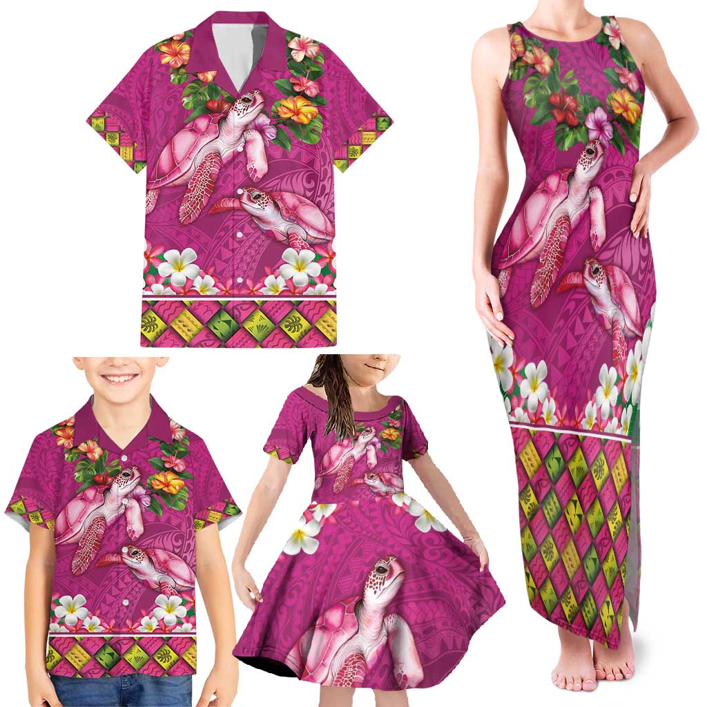 Hawaiian Lei Turtle and Plumeria Family Matching Tank Maxi Dress and Hawaiian Shirt Polynerian Art Tattoo-Plum Pink Color LT03 - Polynesian Pride