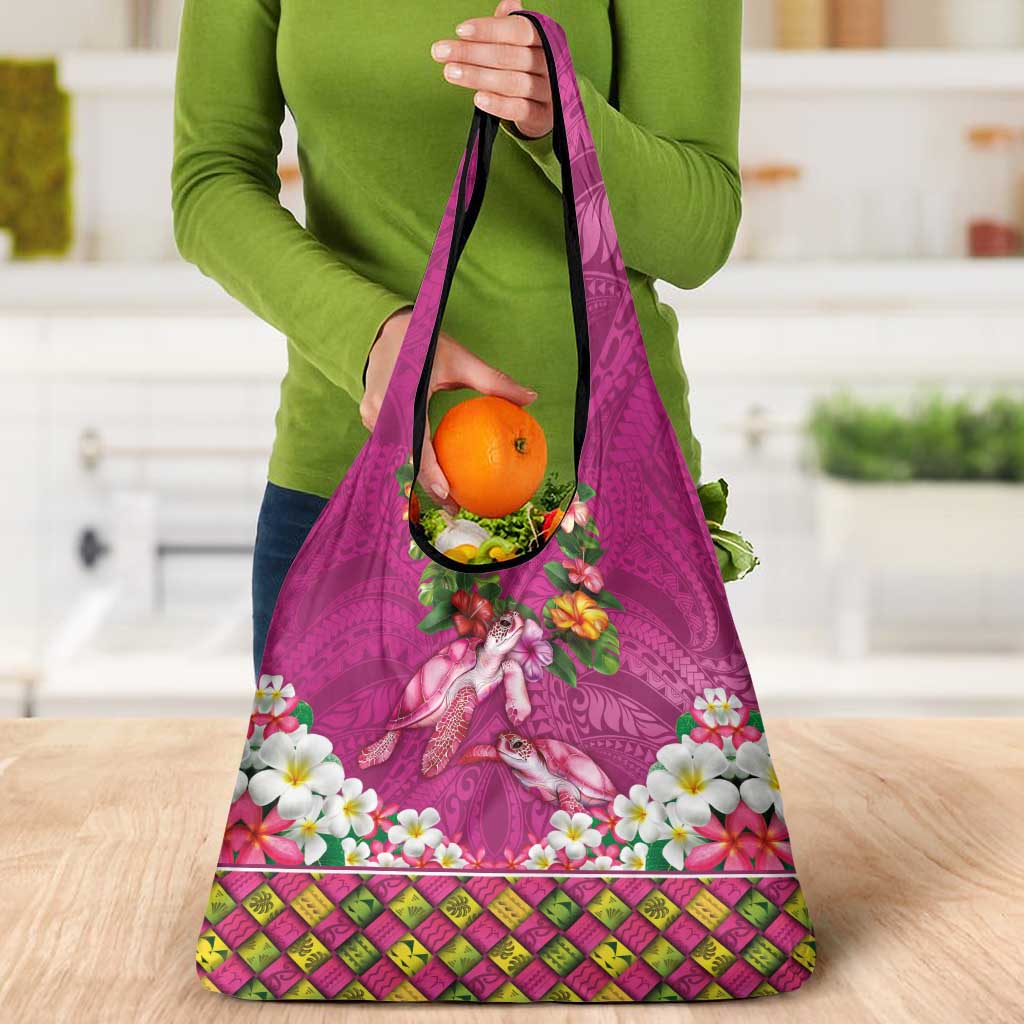 Hawaiian Lei Turtle and Plumeria Grocery Bag Polynerian Art Tattoo-Plum Pink Color