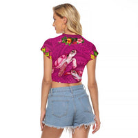Hawaiian Lei Turtle and Plumeria Raglan Cropped T Shirt Polynerian Art Tattoo-Plum Pink Color