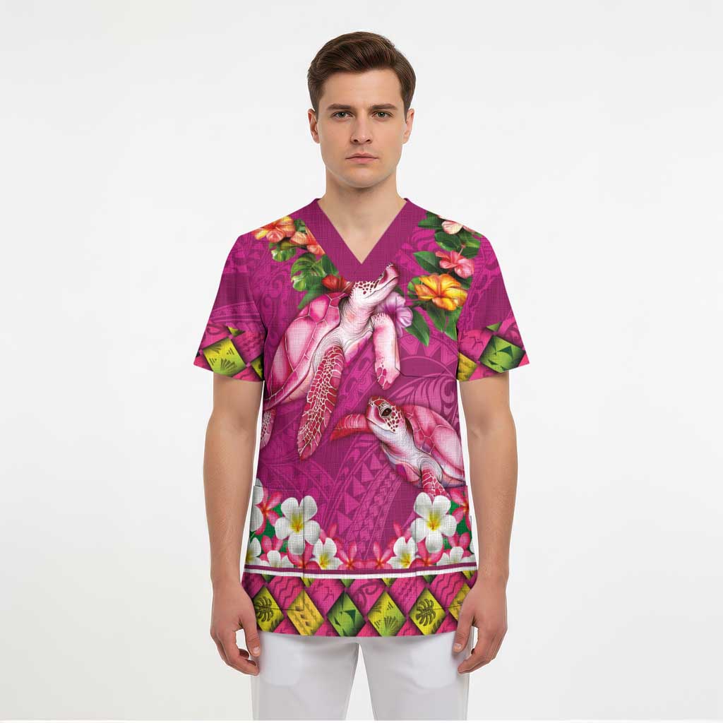 Hawaiian Lei Turtle and Plumeria Scrub Top Polynerian Art Tattoo-Plum Pink Color - Polynesian Pride