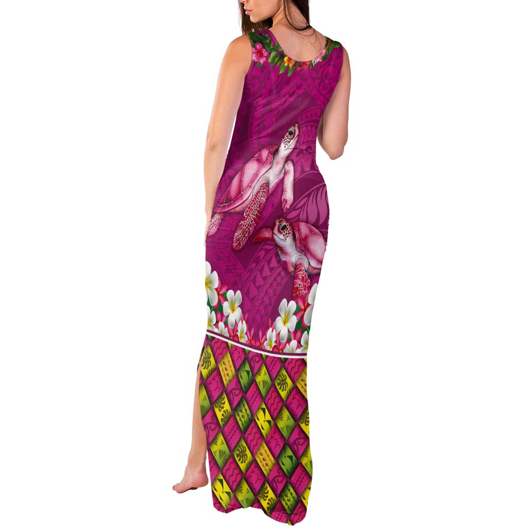 Hawaiian Lei Turtle and Plumeria Tank Maxi Dress Polynerian Art Tattoo-Plum Pink Color