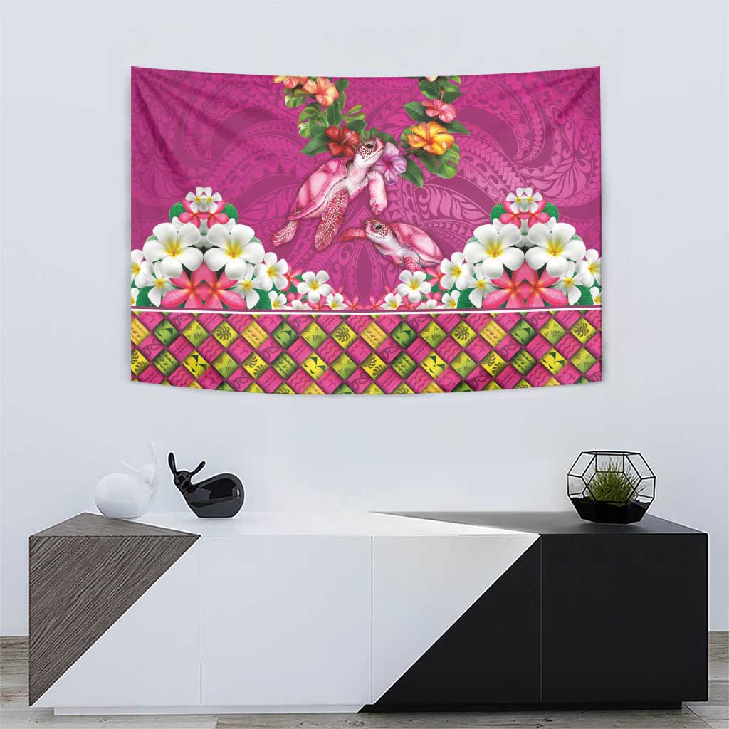Hawaiian Lei Turtle and Plumeria Tapestry Polynerian Art Tattoo-Plum Pink Color