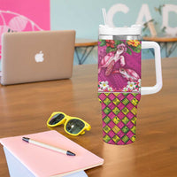 Hawaiian Lei Turtle and Plumeria Tumbler With Handle Polynerian Art Tattoo-Plum Pink Color