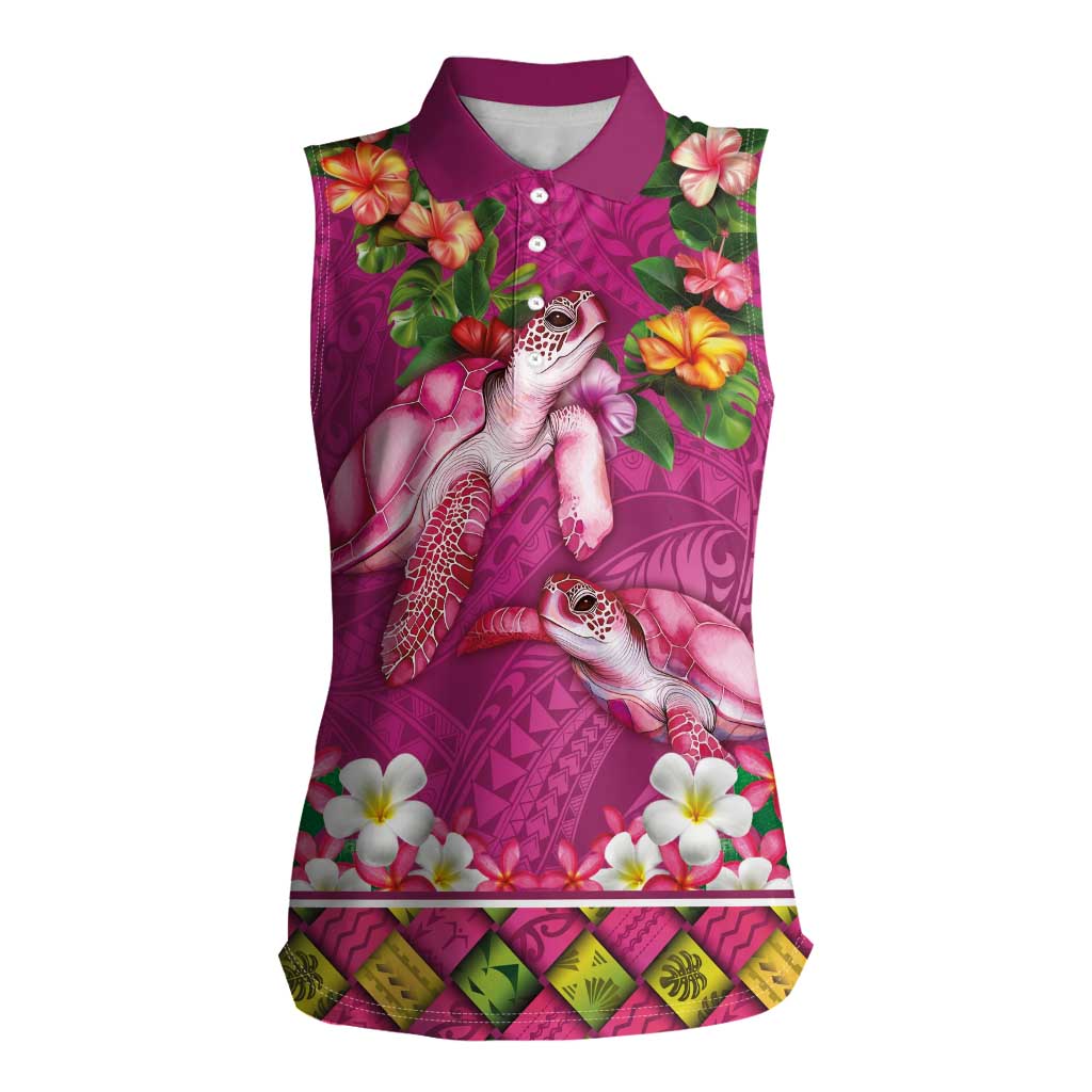 Hawaiian Lei Turtle and Plumeria Women Sleeveless Polo Shirt Polynerian Art Tattoo-Plum Pink Color LT03 Female Pink - Polynesian Pride