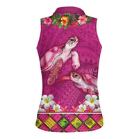 Hawaiian Lei Turtle and Plumeria Women Sleeveless Polo Shirt Polynerian Art Tattoo-Plum Pink Color LT03 - Polynesian Pride