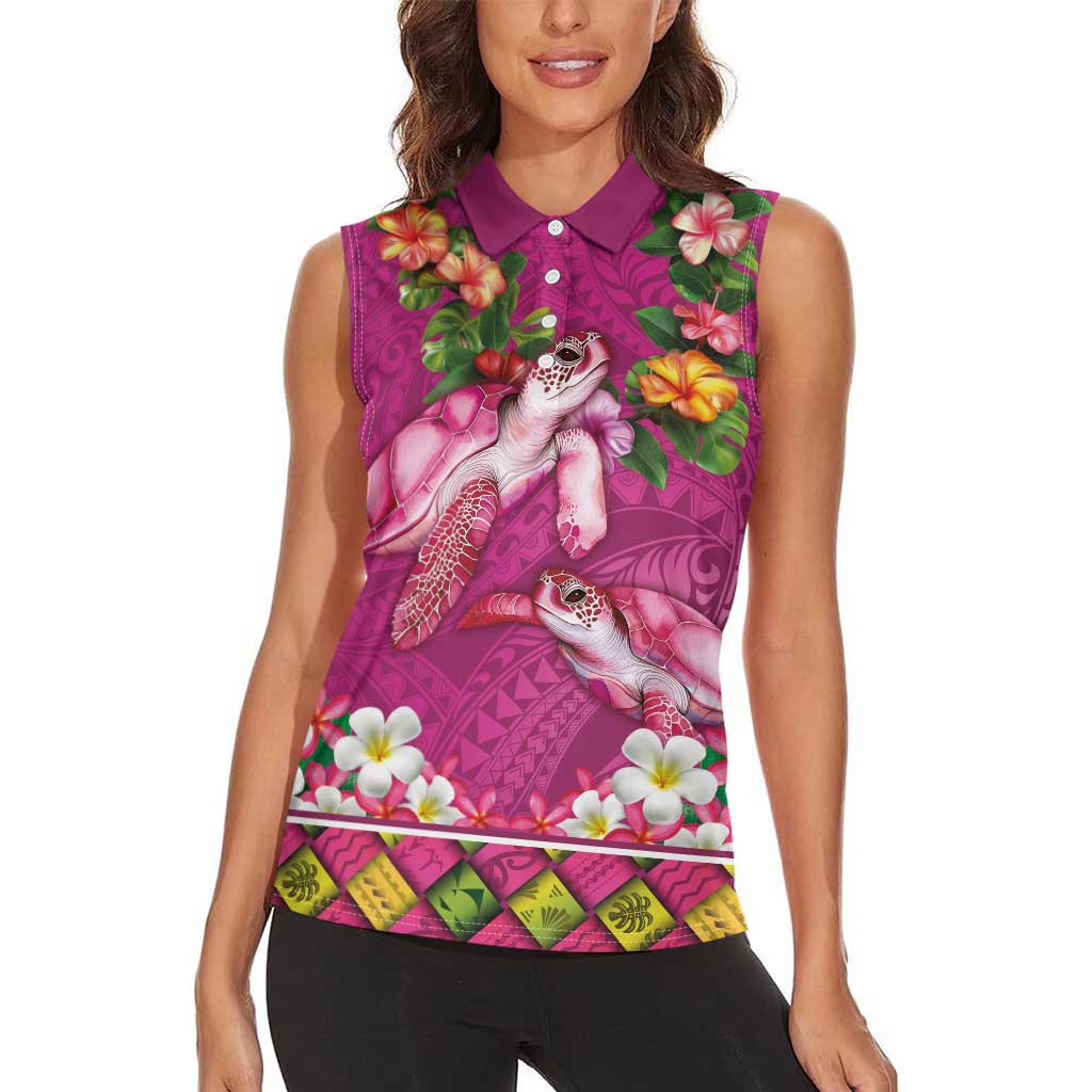 Hawaiian Lei Turtle and Plumeria Women Sleeveless Polo Shirt Polynerian Art Tattoo-Plum Pink Color LT03 - Polynesian Pride