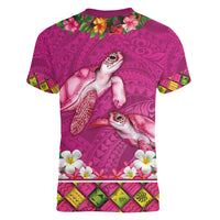 Hawaiian Lei Turtle and Plumeria Women V-Neck T-Shirt Polynerian Art Tattoo-Plum Pink Color