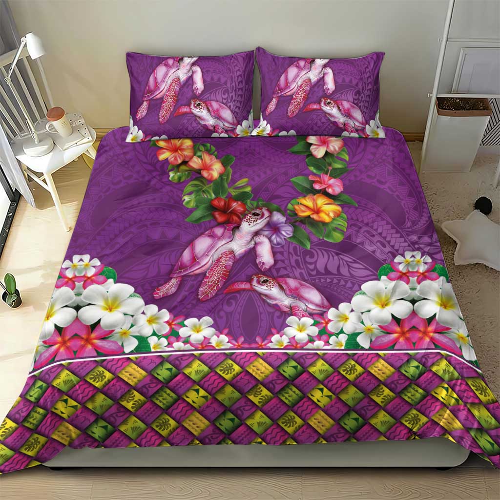Hawaiian Lei Turtle and Plumeria Bedding Set Polynerian Art Tattoo-Mauve Color