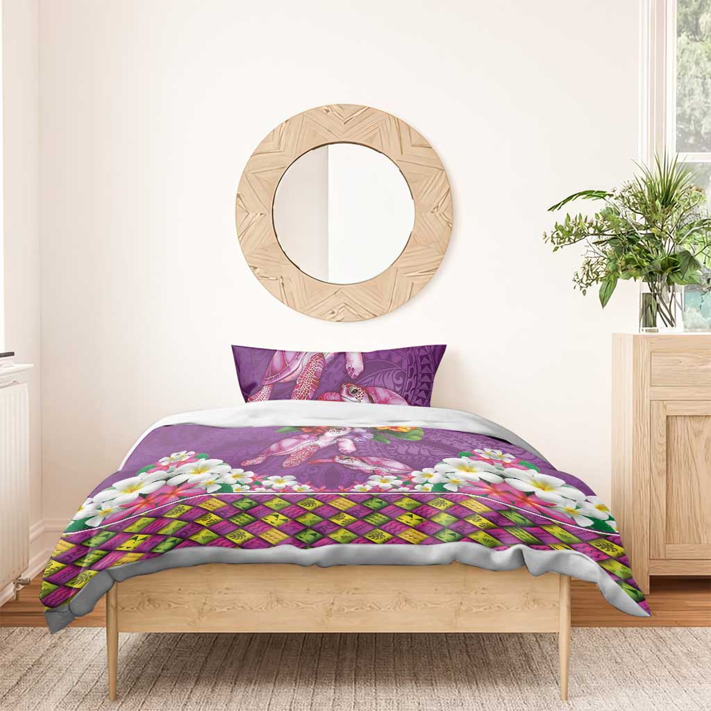 Hawaiian Lei Turtle and Plumeria Bedding Set Polynerian Art Tattoo-Mauve Color