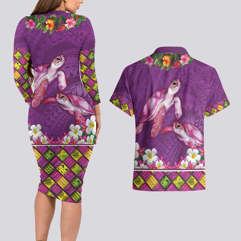 Hawaiian Lei Turtle and Plumeria Couples Matching Long Sleeve Bodycon Dress and Hawaiian Shirt Polynerian Art Tattoo-Mauve Color LT03 - Polynesian Pride